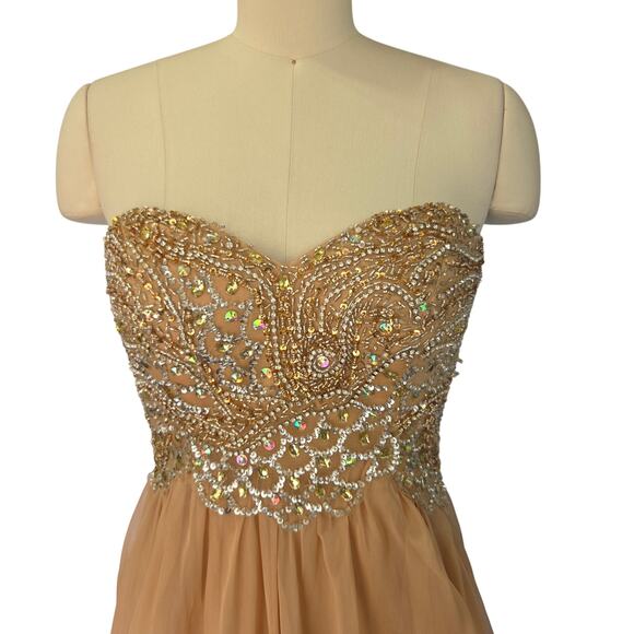 Sherri Hill Strapless Prom Dress Ball Gown Size S 4 Peach Chiffon Beaded - Picture 3 of 13